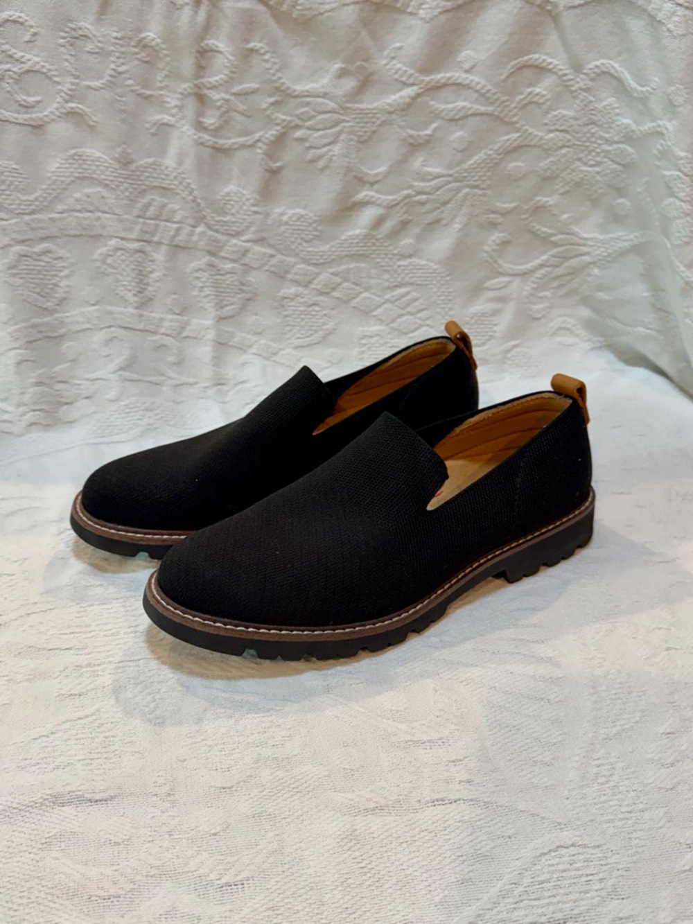 Comfortiva Black Slip-On Casual Loafers with Tan Pull Tab
